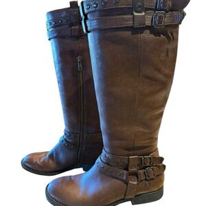 Born Brown Knee-High Leather Boots with Buckle Detail Womens Size 8